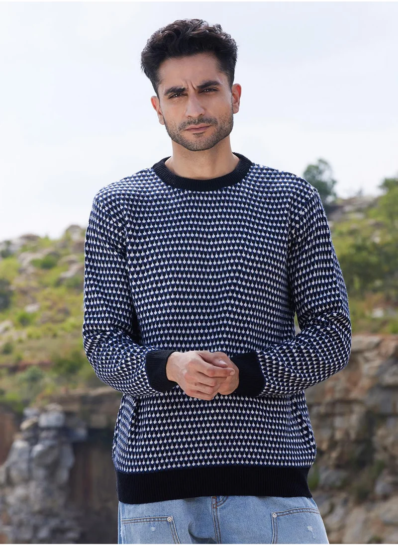 Campus Sutra Men's Black & White Contrast Textured Knit Sweater