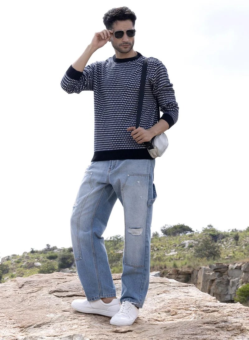 Campus Sutra Men's Black & White Contrast Textured Knit Sweater