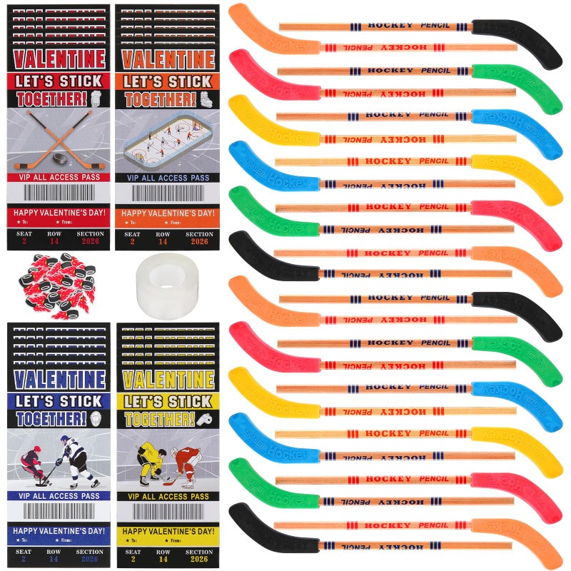 Sinload 24 Sets Hockey Valentines Gifts Set Including Hockey Valentines Day Cards Stick Pencils with Erasers PVC Accessories and Tape for Sports Party Favors Prize Gifts Corrected Year - Image 3