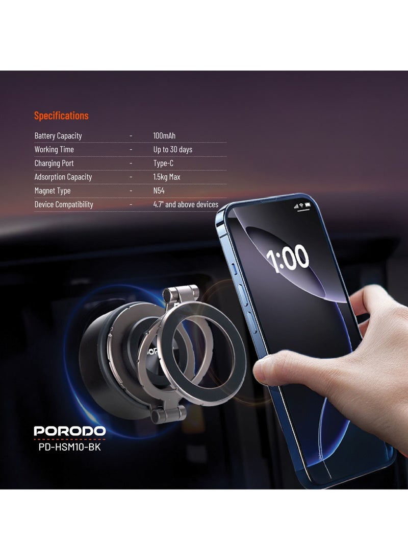 porodo - Vacuseal MagSafe Magnetic Mount with Strong Suction and Adjustable Viewing Angle / 1.5kg Absorption Capacity / MagSafe Compatible / Horizontal & Vertical / One-Hand Operation / Type-C Charging Port - Black - Image 1