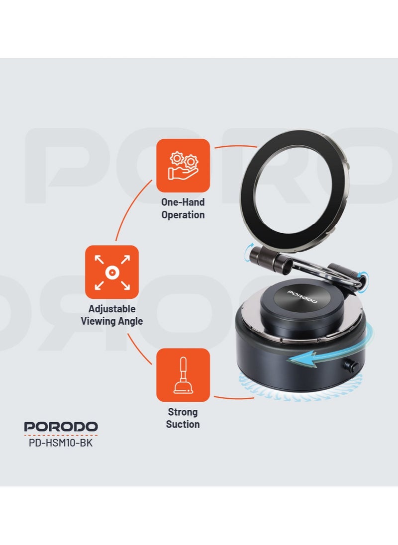 porodo - Vacuseal MagSafe Magnetic Mount with Strong Suction and Adjustable Viewing Angle / 1.5kg Absorption Capacity / MagSafe Compatible / Horizontal & Vertical / One-Hand Operation / Type-C Charging Port - Black - Image 1