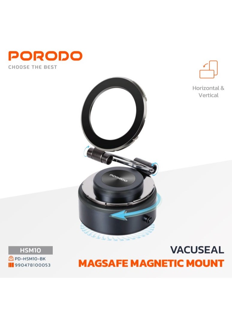 porodo - Vacuseal MagSafe Magnetic Mount with Strong Suction and Adjustable Viewing Angle / 1.5kg Absorption Capacity / MagSafe Compatible / Horizontal & Vertical / One-Hand Operation / Type-C Charging Port - Black - Image 1
