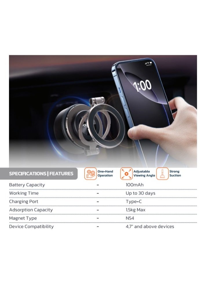 porodo - Vacuseal MagSafe Magnetic Mount with Strong Suction and Adjustable Viewing Angle / 1.5kg Absorption Capacity / MagSafe Compatible / Horizontal & Vertical / One-Hand Operation / Type-C Charging Port - Black - Image 1