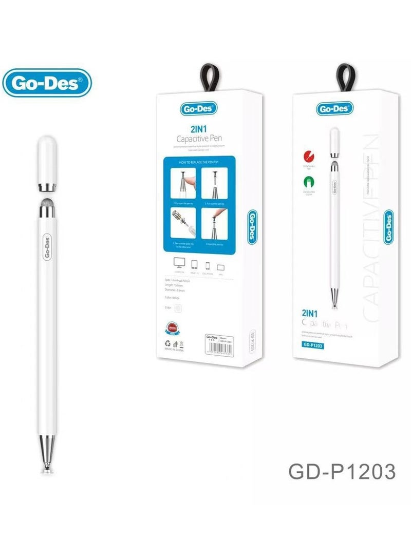 جو-ديز قلم تعمل باللمس 2 في 1 من Go Des GD-P1203 لون أبيض - Image 2