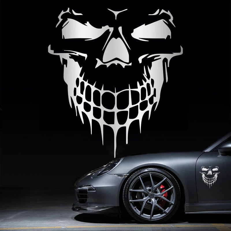 HungMieh 3D Skull Stickers and Decals for Car Windows Doors and Trucks Laser Bumper Signs for Car Styling and Decor Brushed Silver 697