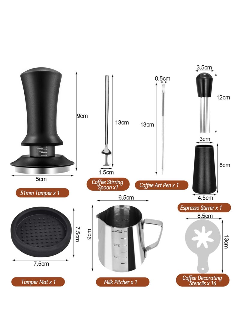 XiuWoo 22 PCS Coffee Tamper Set, Espresso Accessories Barista Kit, with 51mm Espresso Tamper, WDT Tool, Frothing Pitcher 350 ml, Latte Art Pen, Coffee Stirrer, Tamper Mat - Image 4