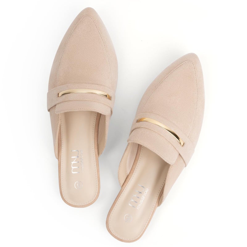 MUSSHOE Mules for Woman Pointed Toe Women's Bukle Mule Flat Slip-on Womens Mules Shoes Casual Fashion Party Work,Nude Suede 9 - Image 1