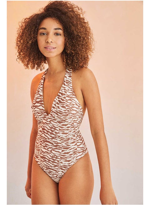 Halter neckline zebra print swimsuit
