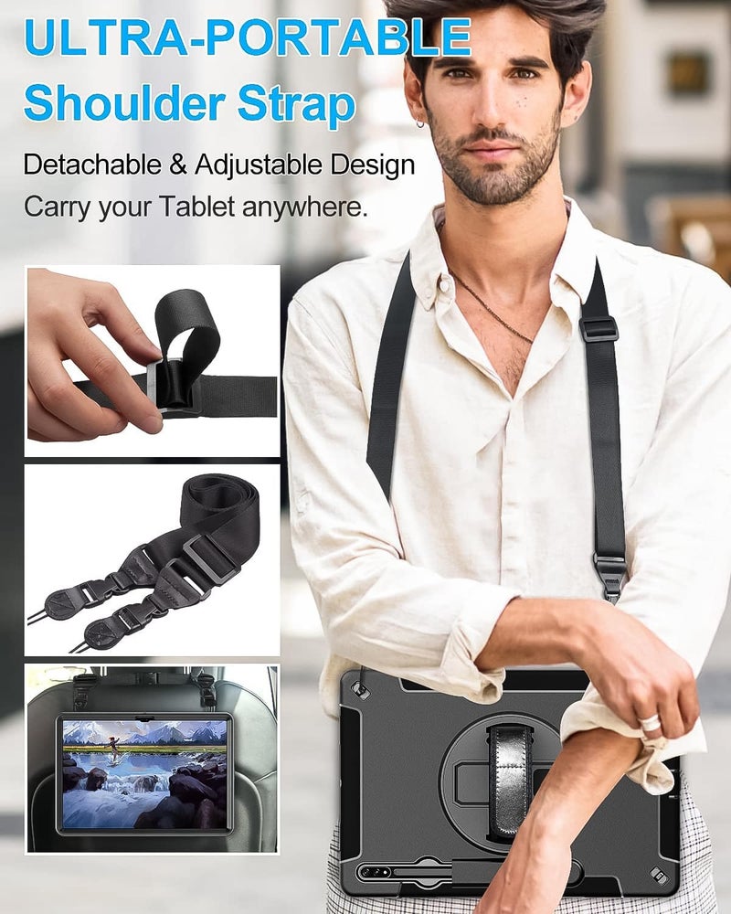 Vermaney For Samsung Galaxy Tab S8 Ultra Case, 14.6-Inch Military Grade Shockproof Tablet Cover With 360° Swivel Stand Handle, Pen Holder And Shoulder Strap Black - Image 4