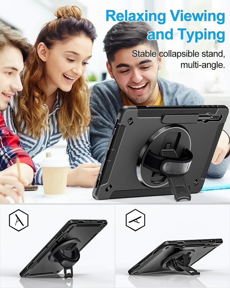 Vermaney For Samsung Galaxy Tab S8 Ultra Case, 14.6-Inch Military Grade Shockproof Tablet Cover With 360° Swivel Stand Handle, Pen Holder And Shoulder Strap Black - Image 3