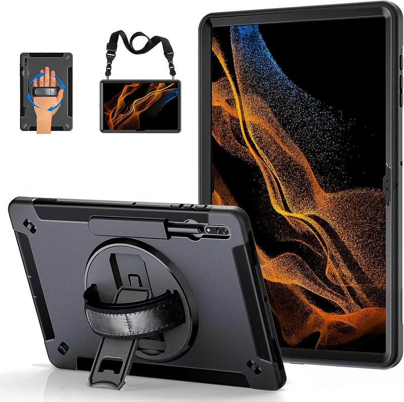 Vermaney For Samsung Galaxy Tab S8 Ultra Case, 14.6-Inch Military Grade Shockproof Tablet Cover With 360° Swivel Stand Handle, Pen Holder And Shoulder Strap Black - Image 1