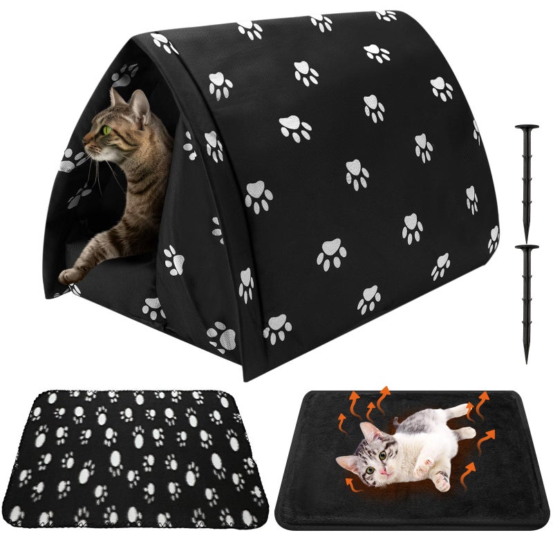 SilTriangle Winter Outdoor Cat House with Self Warming Pad Blanket 17 x 12 Weatherproof Foldable Feral Cat Shelter Waterproof Outside Warm Bed Cave Tent for Dogs Puppy Wild Animal Indoor Home - Image 2