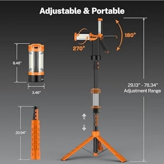 general 4-in-1 Rechargeable LED Work Light with Tripod Stand – Telescopic Outdoor Camping Lamp, Magnetic Base, & 10000mAh Power Bank – Adjustable Height (up to 78") – Orange & Black - Image 4