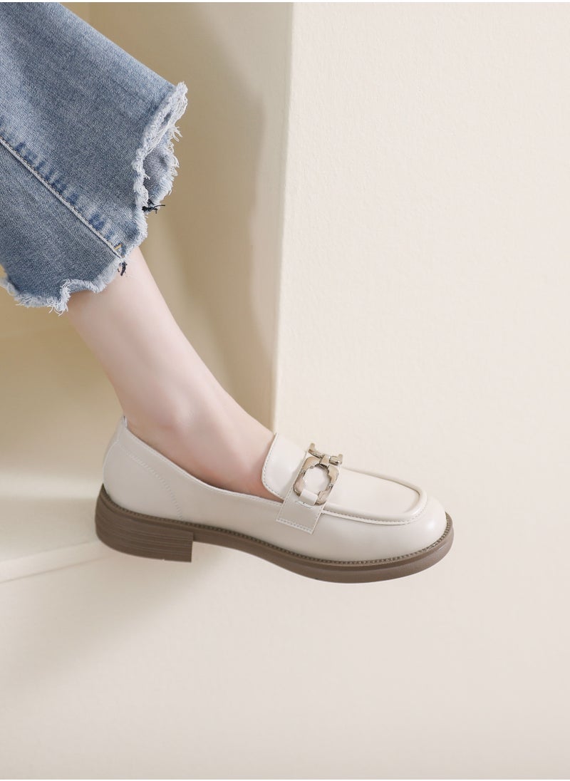 Loquat Preppy Round Toed Leather Shoes Beige 