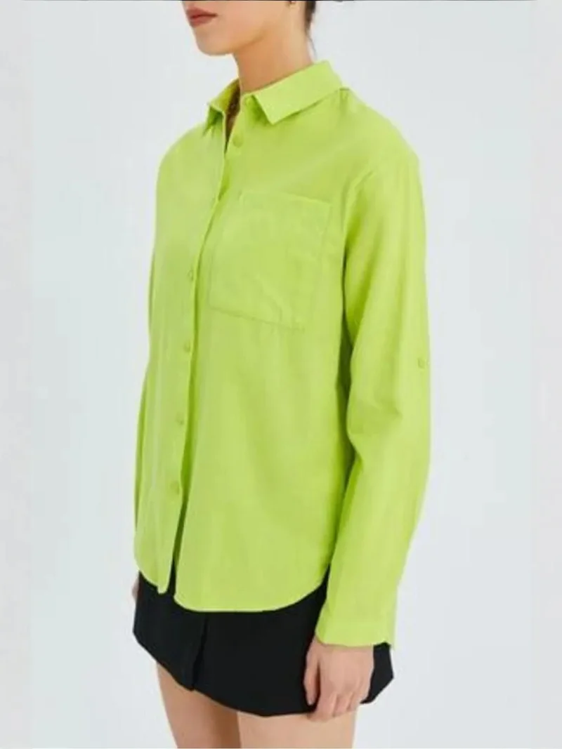 MixRay Lime Green Mixray Long Sleeve Button-Up Shirt with Pocket for Women | Best Price UAE
