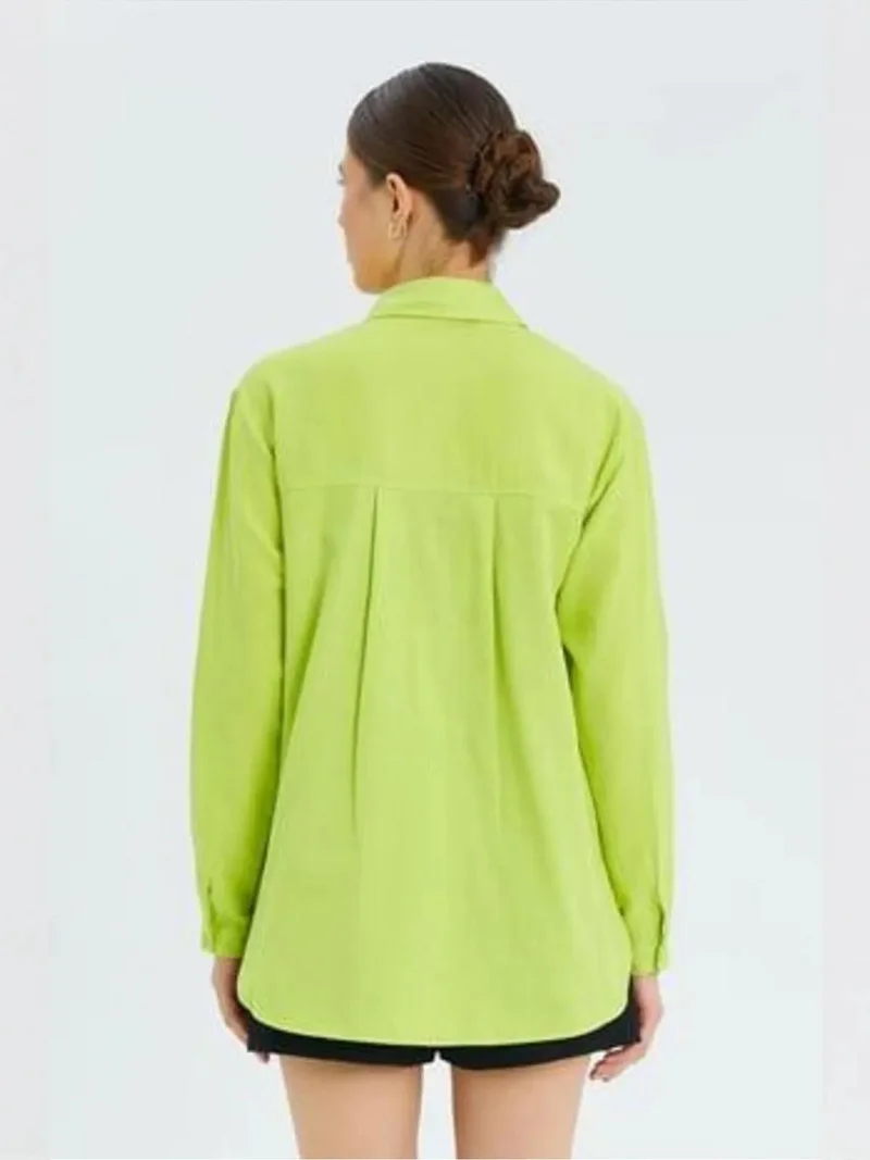 MixRay Lime Green Mixray Long Sleeve Button-Up Shirt with Pocket for Women | Best Price UAE