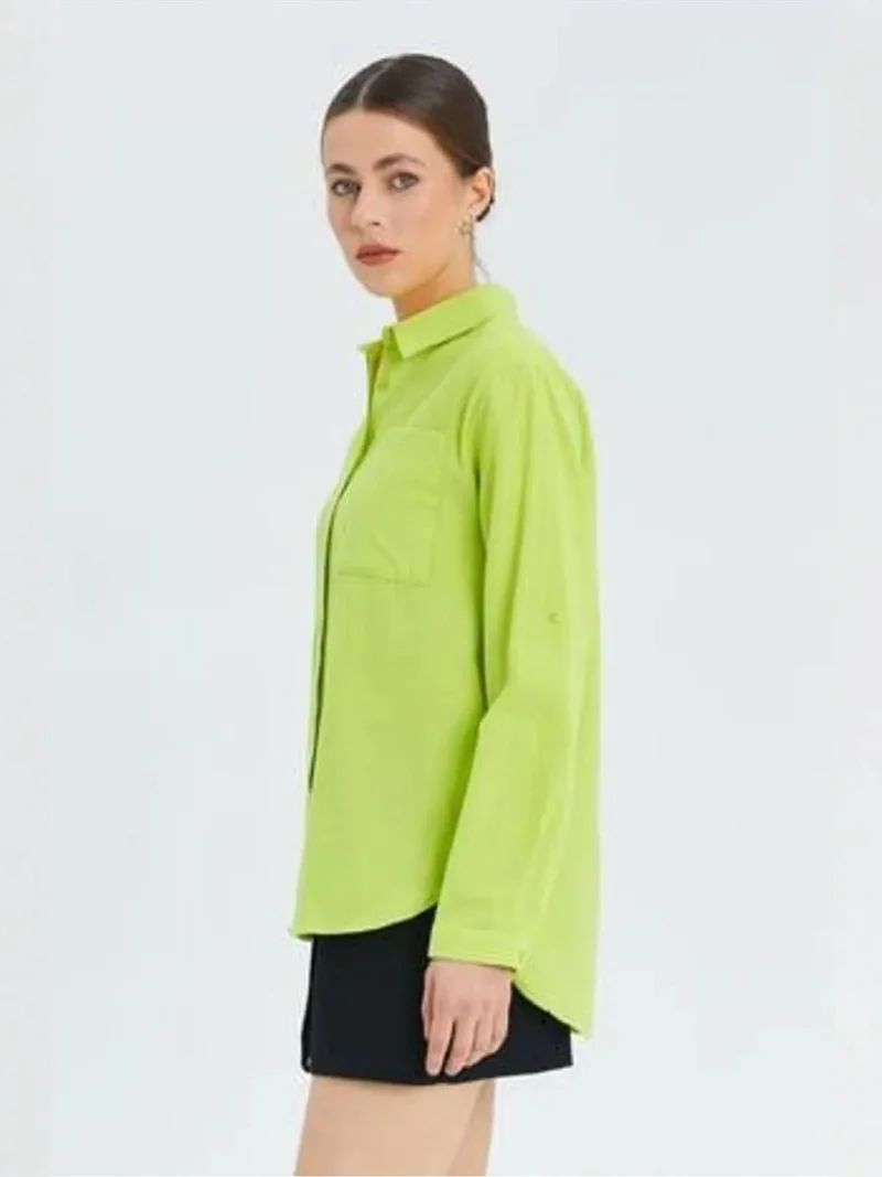 MixRay Lime Green Mixray Long Sleeve Button-Up Shirt with Pocket for Women | Best Price UAE