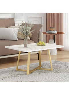 Home Elements HOME ELEMENTS Rectangular Coffee Table for Living Room Center Table with Open Minimalist Space Design Metal Frame Engineered Wood Marble Texture Look Top Easy Assembly DIY - 80x60x41cm (White)  - Image 1