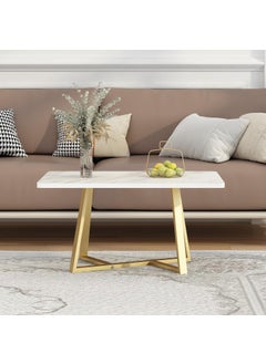 Home Elements HOME ELEMENTS Rectangular Coffee Table for Living Room Center Table with Open Minimalist Space Design Metal Frame Engineered Wood Marble Texture Look Top Easy Assembly DIY - 80x60x41cm (White)  - Image 3