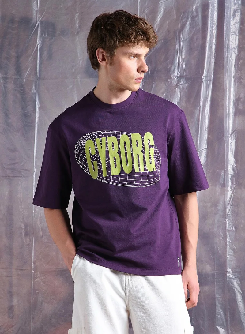 Hubberholme Purple Men Cyborg Graphic Printed Oversized Fit T-Shirt for Men | Best Price UAE