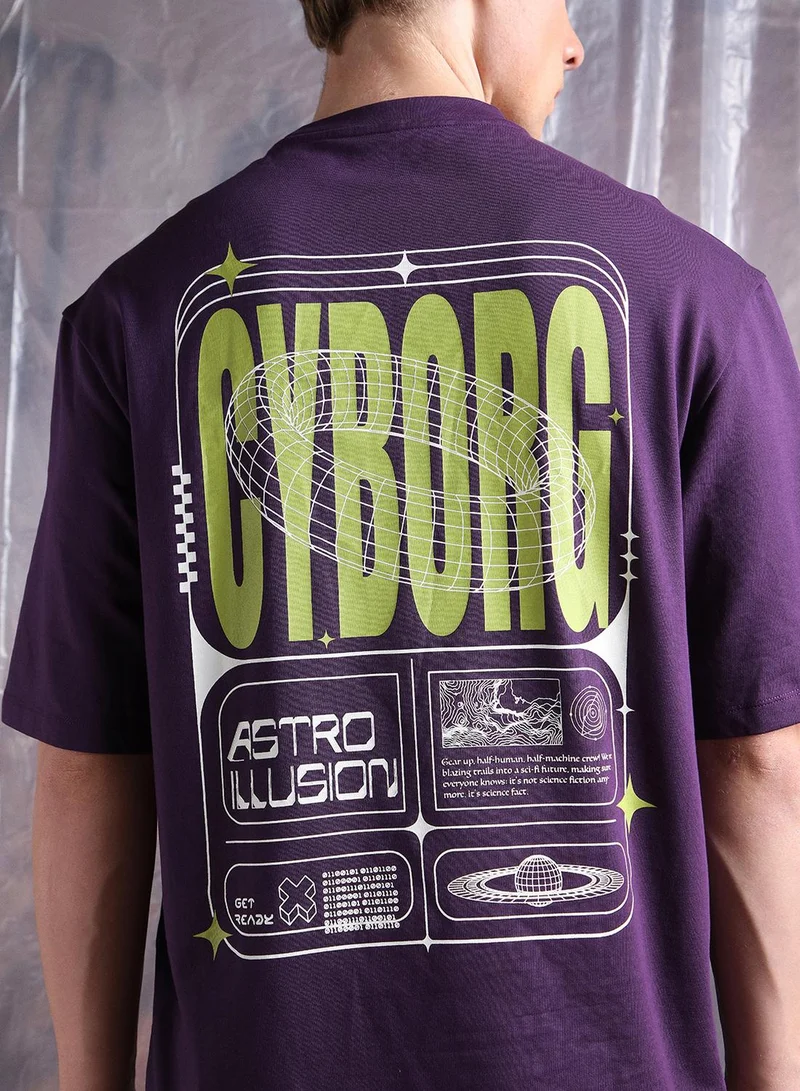 Hubberholme Purple Men Cyborg Graphic Printed Oversized Fit T-Shirt for Men | Best Price UAE