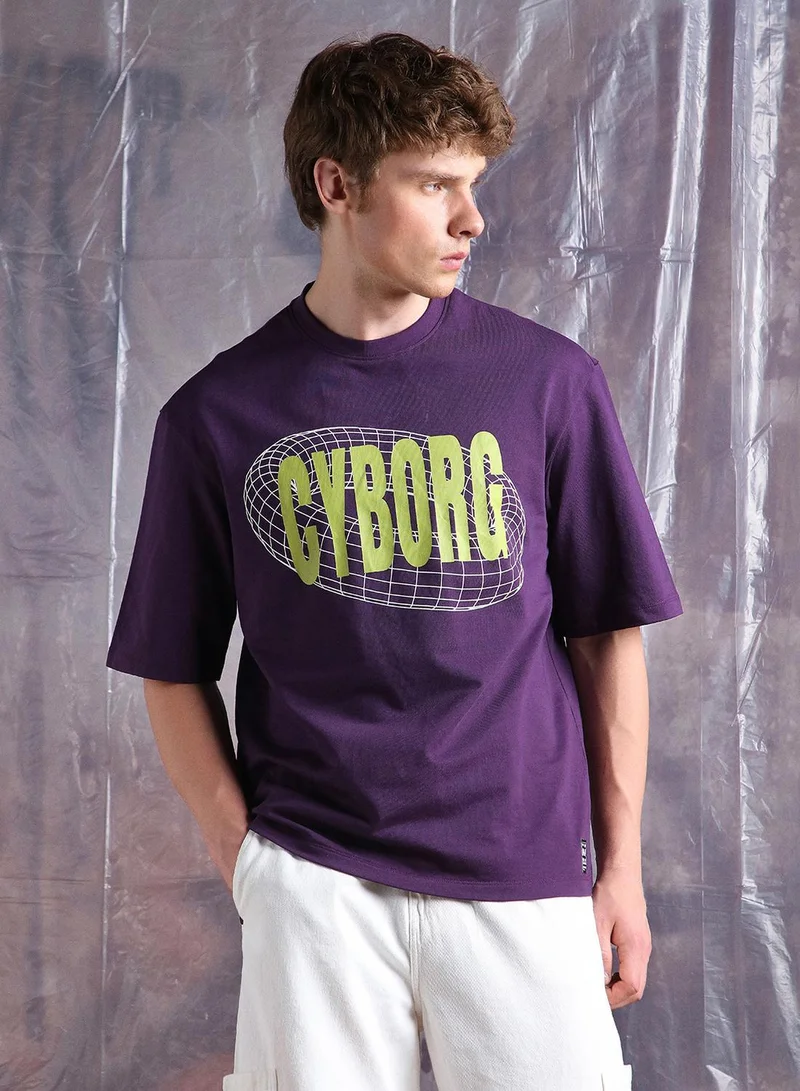Hubberholme Purple Men Cyborg Graphic Printed Oversized Fit T-Shirt for Men | Best Price UAE