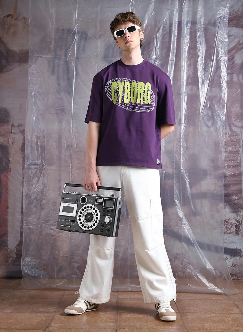 Hubberholme Purple Men Cyborg Graphic Printed Oversized Fit T-Shirt for Men | Best Price UAE