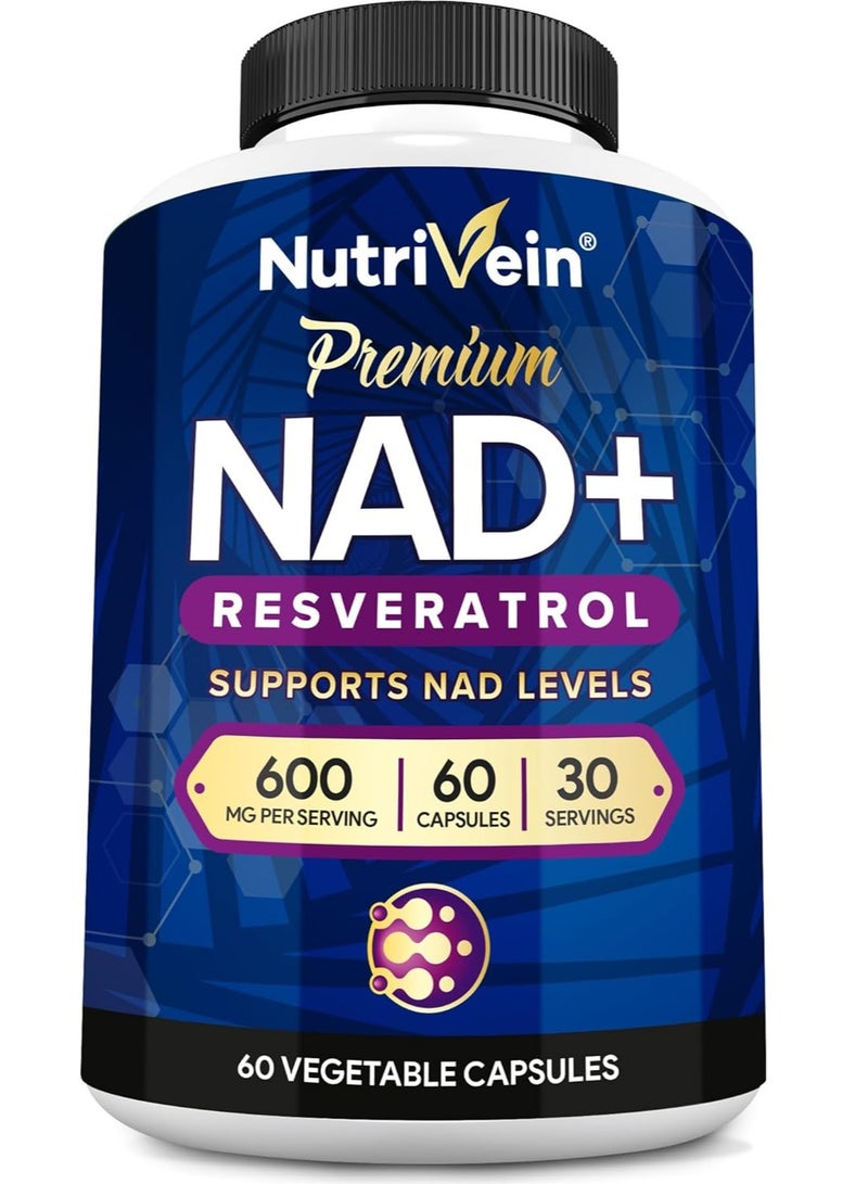 Nutrivein Premium NAD + Resveratrol Supplement 600 mg - 30 Servings (60 Capsules): Powerful Synergistic NAD Resveratrol Supplement - Aging, Cognition, Metabolism, & Overall Well-Being - Image 1