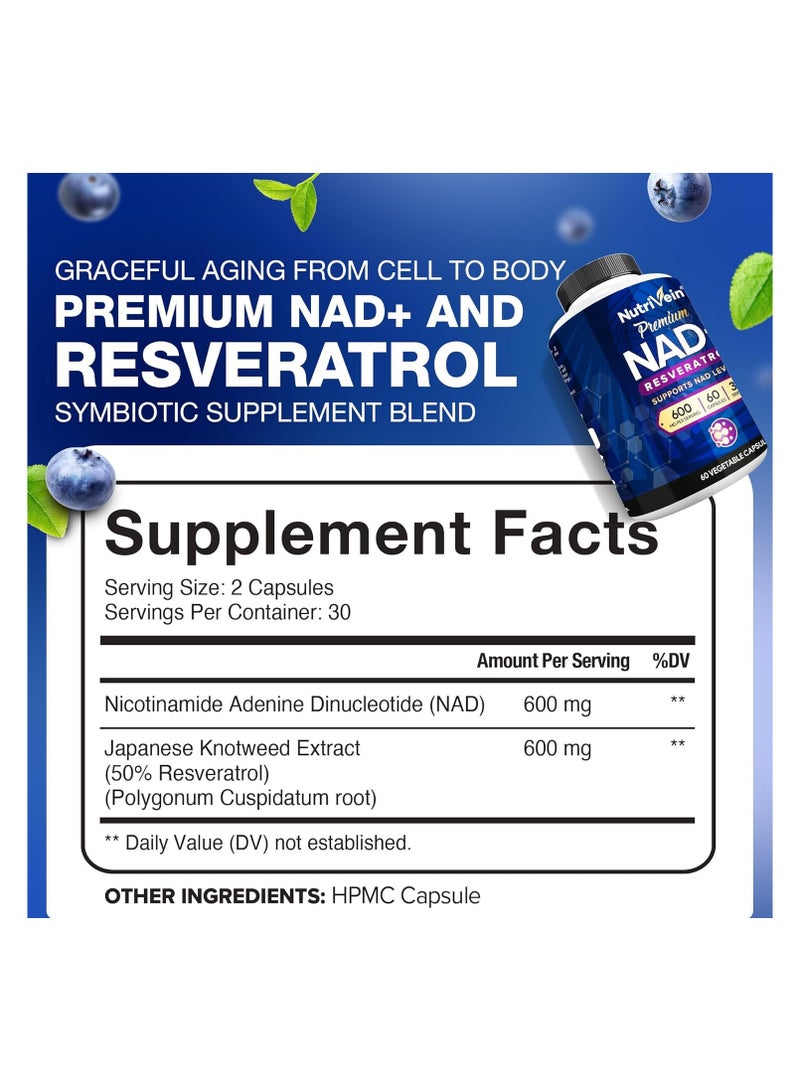 Nutrivein Premium NAD + Resveratrol Supplement 600 mg - 30 Servings (60 Capsules): Powerful Synergistic NAD Resveratrol Supplement - Aging, Cognition, Metabolism, & Overall Well-Being - Image 2