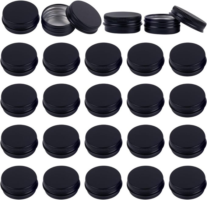 , 24 PACK 0.5 OZ ALUMINUM TIN CANS WITH SCREW LIDS REFILLABLE SMALL JARS ROUND EMPTY CONTAINERS (BLACK)