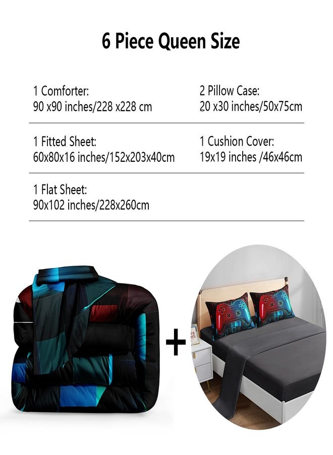 ROWADALO 6 Pieces Bed in A Bag Gamer Bedding Set for Boys Kids Adult Gaming Comforters Set,Boys Bed in A Bag Set Queen Size Comforter with Fitted Shee Flat Sheet Pillowcase pillowsham,DJT-FX553-Queen - Image 2