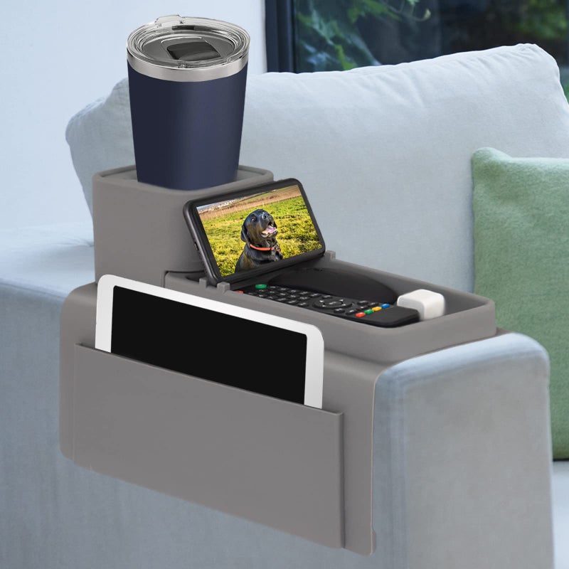 VIENFUT Silicone Couch Cup Holder, VIENFUT Anti-Spill and Anti-Slip Sofa Armrest Tray, Dirt-Resistant Silicone Couch Arm Tray for Remote, Snacks, Cellphone and iPad, Gift for Family, Friend (Gray) - Image 1