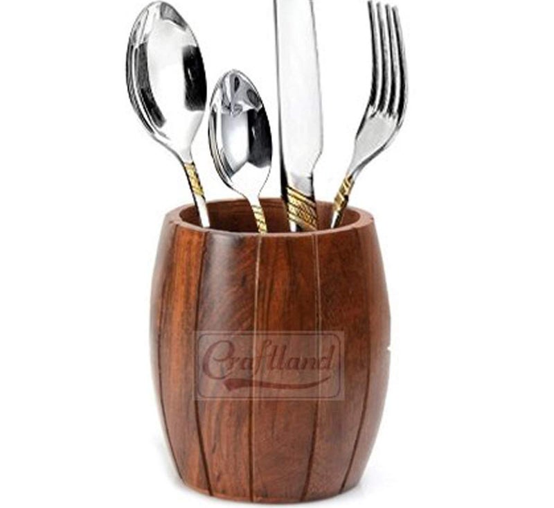 Craftland Wooden Barrel Shape Stationery Holder/Pen Holder/Cutlery Holder/Spoon Holder for Kitchen Dining/Office Table Mutipurpose Stand - Image 1