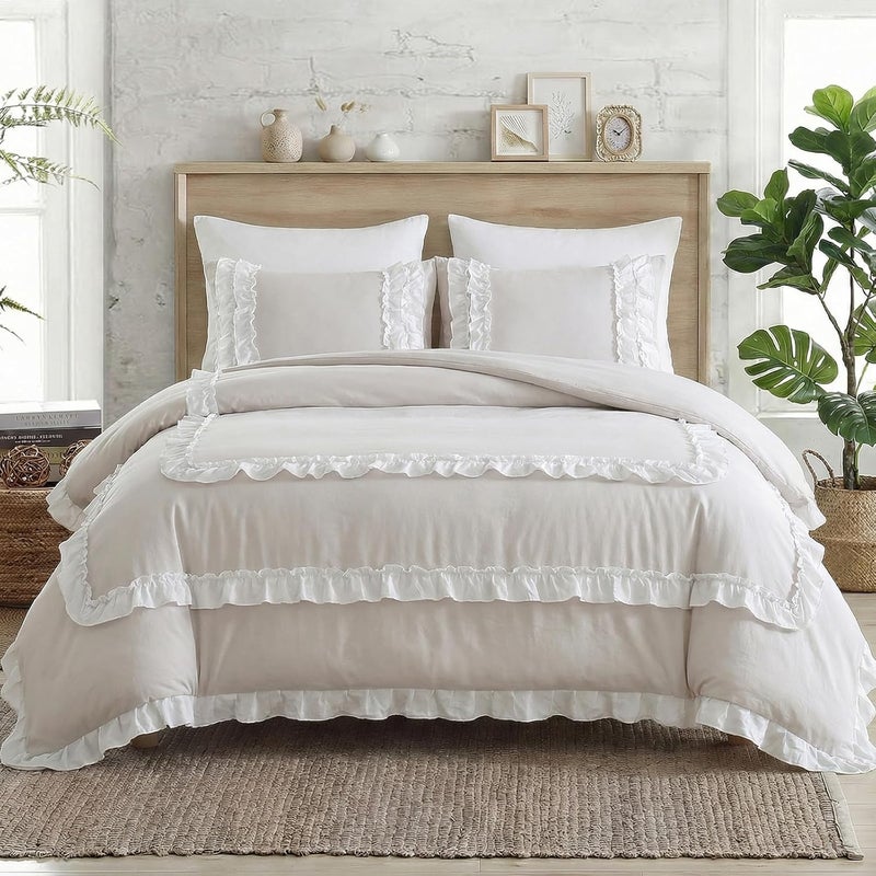 Bedorm Beige Queen Comforter Set Shabby Chic Ruffled Bedding with Comforter & Pillowcases White Pleated Lace Ruffle Fringe Bedding Comforter Set 3 Pieces - Image 4