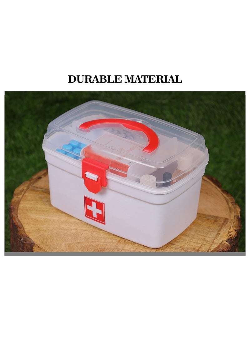 Plastic Rectangular Medicine Box First Aid Kit Box For Medical Use Multi Purpose Box (White & Red)