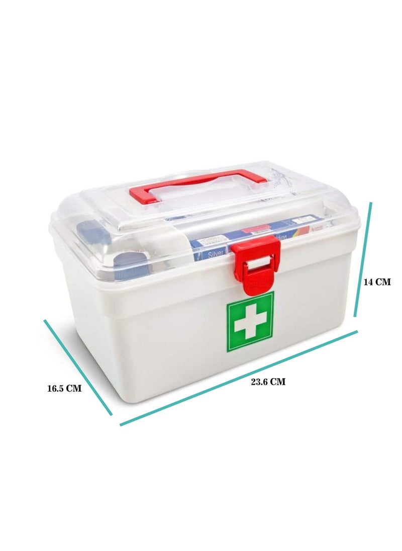 Plastic Rectangular Medicine Box First Aid Kit Box For Medical Use Multi Purpose Box (White & Red)