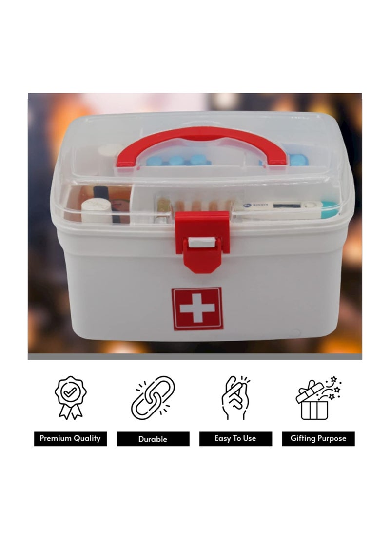 Plastic Rectangular Medicine Box First Aid Kit Box For Medical Use Multi Purpose Box (White & Red)