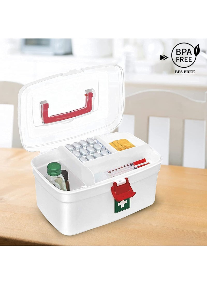 Plastic Rectangular Medicine Box First Aid Kit Box For Medical Use Multi Purpose Box (White & Red)