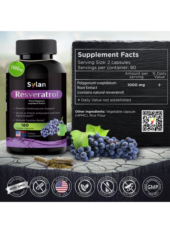 SYLAN Trans Resveratrol Supplement, 1000mg, 180 Veggie Capsules, Antioxidant, Supports Heart, Joint, Brain, Immune Health & Anti-Aging, Non-GMO, Made in USA, Resveratrol 500mg Powder per Capsul - Image 3