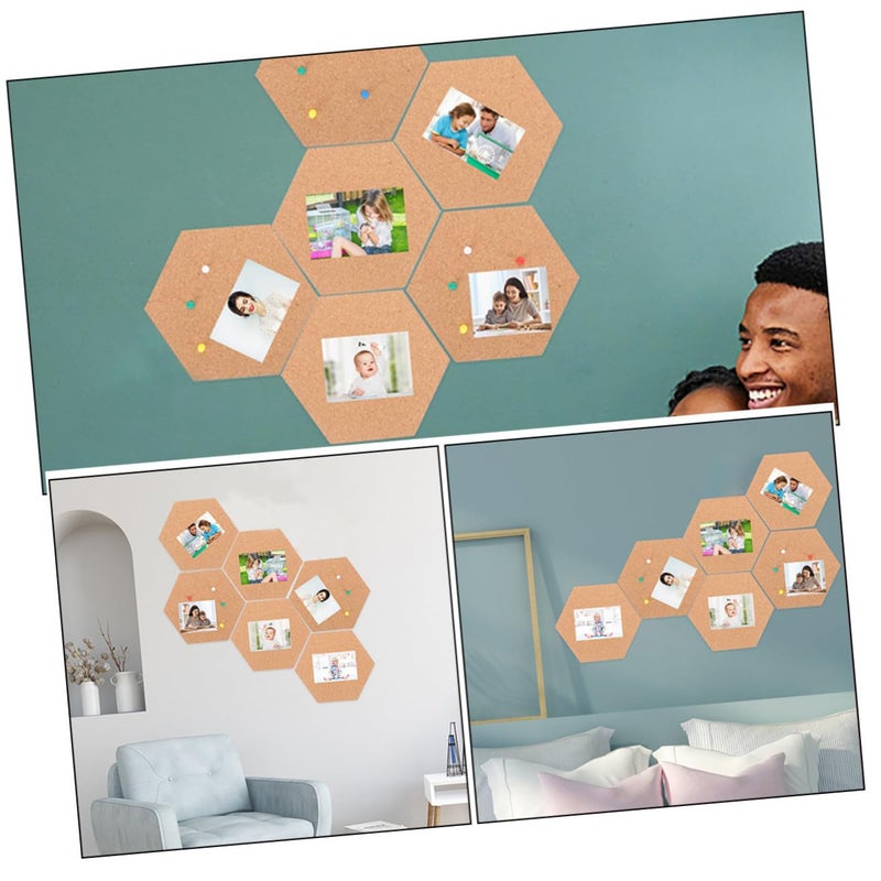 Self Adhesive Hexagonal Cork Board Tiles Set of 7 with 56 Pins Small Bulletin Message Board for Wall Home Office Classroom - Image 4