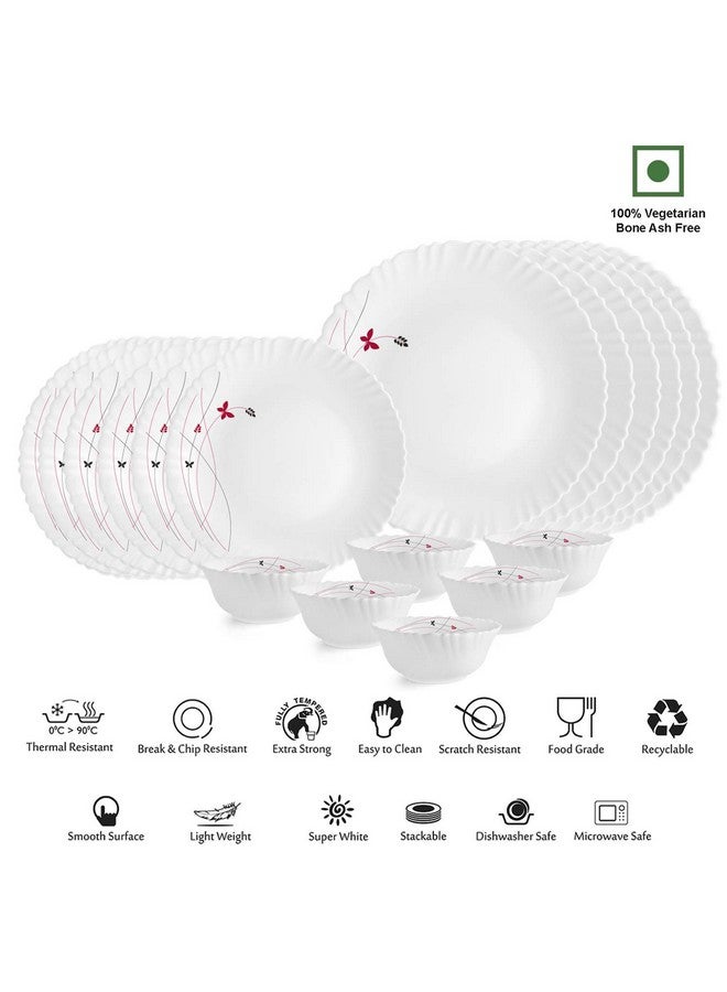 Cello Cello Opalware Dazzle Series Lush Fiesta Dinner Set, 18 Units | Opal Glass Dinner Set for 6 | Light-Weight, Daily Use Crockery Set for Dining | White Plate and Bowl Set 