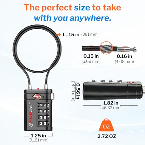Forge TSA Approved Luggage Locks 4 Digit Combination TSA Travel Locks with TSA008, Open Alert Indicator, Zinc Alloy Body for Luggage, Suitcase, Backpack, and More. 2 15'' Cable Locks. - Image 3