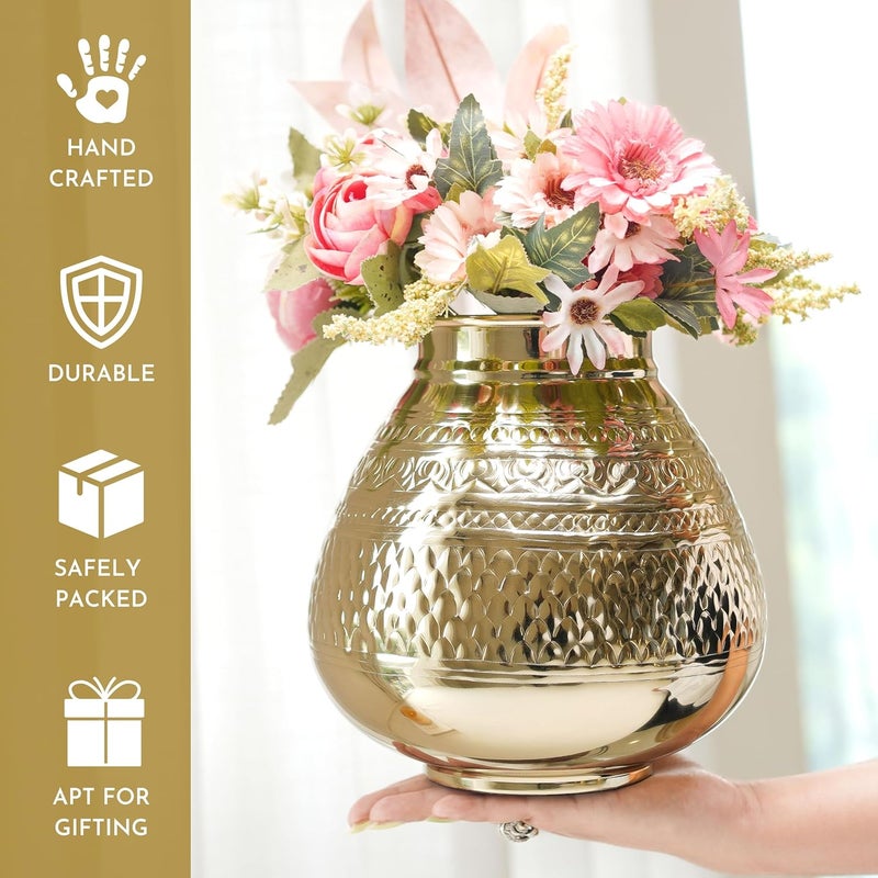 Behoma Matki Shape Metal Flower Vase for Home Decor Traditional Embossed Metal vase vase for Office Table Decorations Modern vase Gift for Festival 8 inches Golden 1 Pc Flowers not Included - Image 3