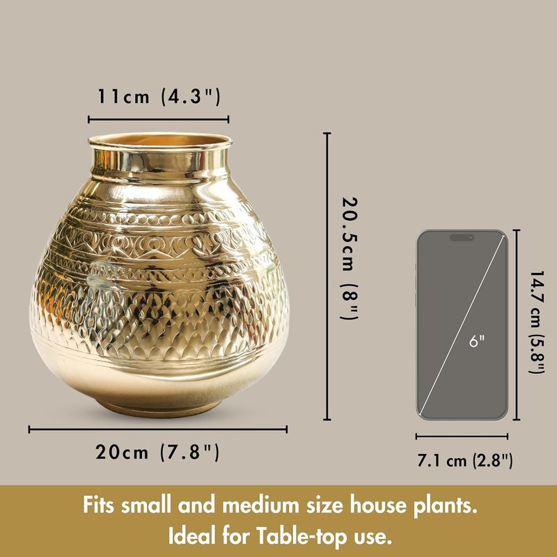 Behoma Matki Shape Metal Flower Vase for Home Decor Traditional Embossed Metal vase vase for Office Table Decorations Modern vase Gift for Festival 8 inches Golden 1 Pc Flowers not Included - Image 4