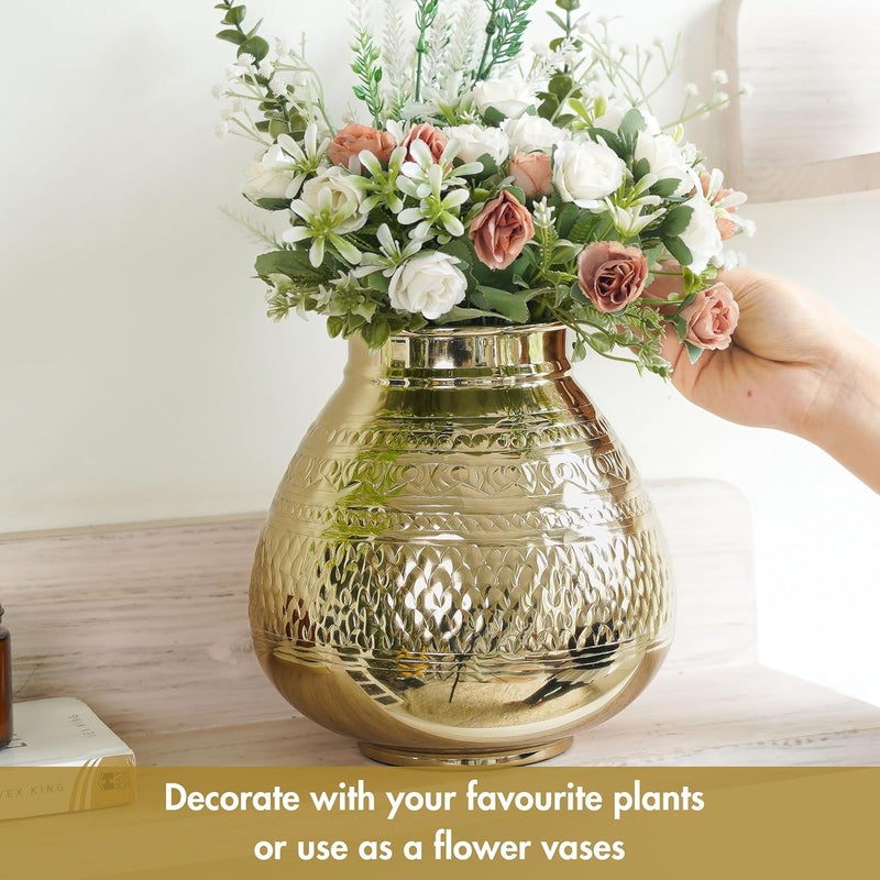 Behoma Matki Shape Metal Flower Vase for Home Decor Traditional Embossed Metal vase vase for Office Table Decorations Modern vase Gift for Festival 8 inches Golden 1 Pc Flowers not Included - Image 2