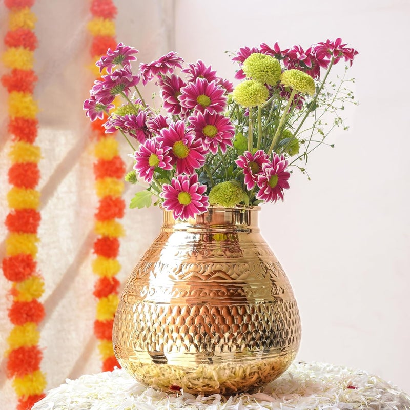 Behoma Matki Shape Metal Flower Vase for Home Decor Traditional Embossed Metal vase vase for Office Table Decorations Modern vase Gift for Festival 8 inches Golden 1 Pc Flowers not Included - Image 1