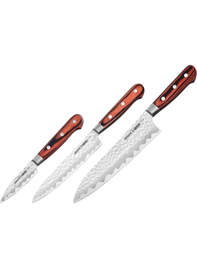 Samura Kaiju 3‑Piece Kitchen Knife Set | AUS‑8 Japanese Steel | Hammered Non‑Stick Blades | 8.3" Chef, 6" Utility, & 3.1" Paring Knives | Wood Handle with Bolster | Gift Box - Image 1