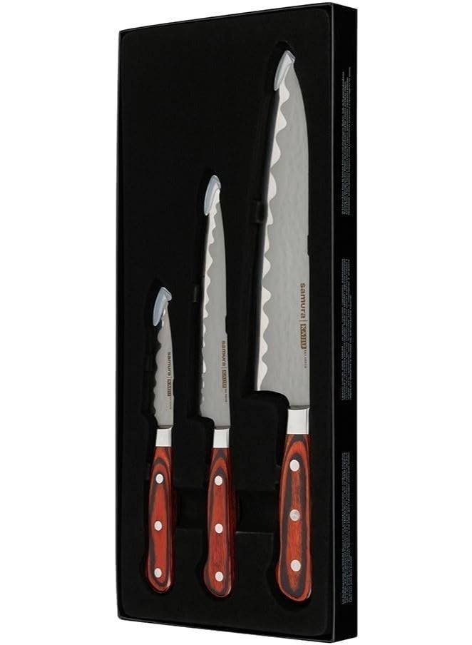 Samura Kaiju 3‑Piece Kitchen Knife Set | AUS‑8 Japanese Steel | Hammered Non‑Stick Blades | 8.3" Chef, 6" Utility, & 3.1" Paring Knives | Wood Handle with Bolster | Gift Box - Image 5