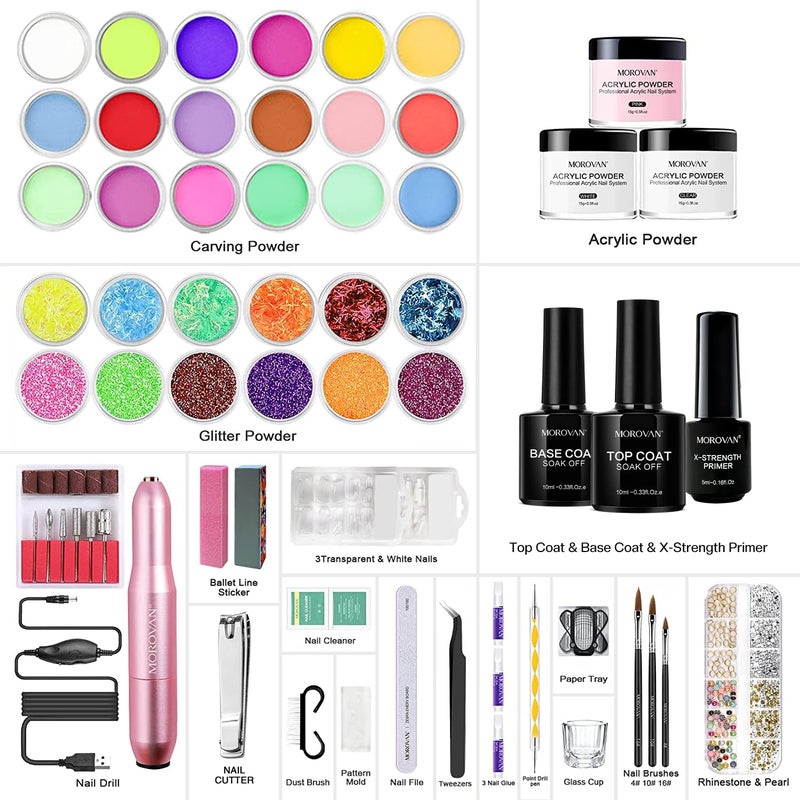 Morovan Acrylic Nail Kit for Beginners: Professional Nails Kit Acrylic Set With Everything Complete Starter Set - with 3 Colors Powder and Glitter Powder - Image 2