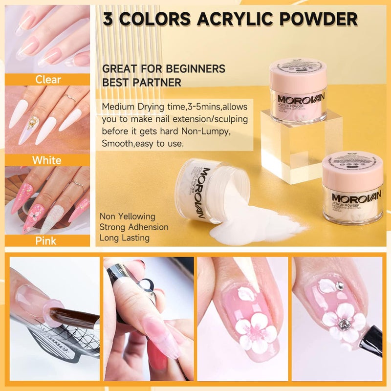 Morovan Acrylic Nail Kit for Beginners: Professional Nails Kit Acrylic Set With Everything Complete Starter Set - with 3 Colors Powder and Glitter Powder - Image 3
